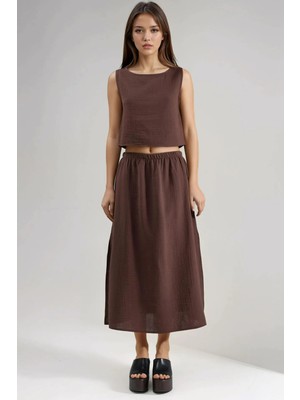 Hiccup Kadınlar Crop Bluz & Yırtmaç Detaylı Etek Müslin İkili Takım Koyu Mocha Kahve