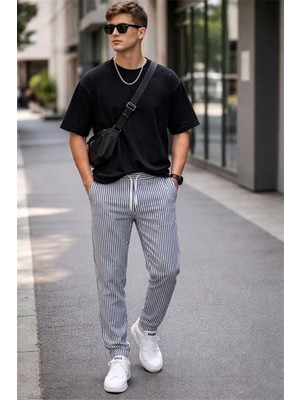 Zueofficial Erkek Mavi Çizgili Rahat Kesim Lastikli Bel Günlük Pantolon Yazlık Hafif Kumaş