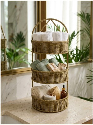 Özel Home Dekoratif 3 Katlı Rattan Havluluk ve Banyo Rafı - Doğal Hasır Şıklığı - 55 cm