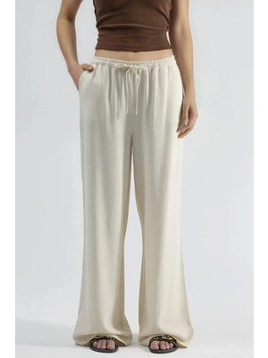 Hiccup Kadın Viskon-Keten Karışımlı Geniş Paça Pantolon Krem Doğal