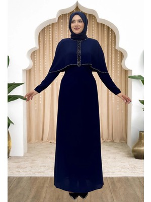 Amine Hüma Boncuk Detaylı Omuzu Pelerinli Sunay Abiye Lacivert