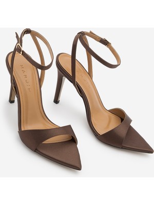 Marjin Kadın Sivri Burun Bilekten Bağlamalı Bantlı Ince Topuklu Sandalet Lokes Kahve Saten