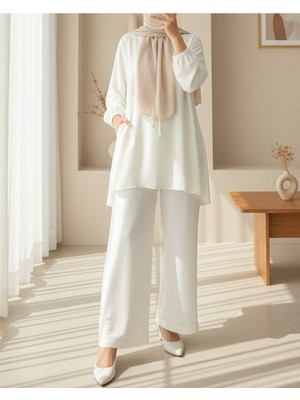 Modamorfo Beli Lastikli Bağcıklı Bol Paça Modal Kumaş Salaş Pantolon  -Ekru