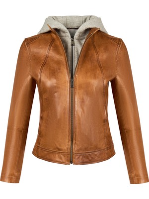 Derimod Magic Kadın Kahverengi Kapüşonlu Kısa Spor Deri Ceket 26SGM566751
