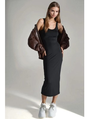 Hiccup Kadın Bodycon Basic Midi Elbise Siyah