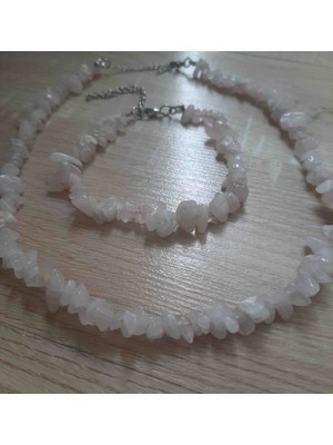 Shine Elagance Doğaltaş Pembe Kuvars Aşk Taşı Kırık Kesim Kolye ve Bileklik Hediyelik .kapamaları Gümüş Rengi Çelik