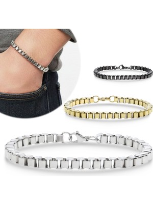 Fm 💎 Premium Arnavut Çelik Zincir Bileklik 6mm Köşeli 3183CZB2D5 - 20 cm - Altın Renk