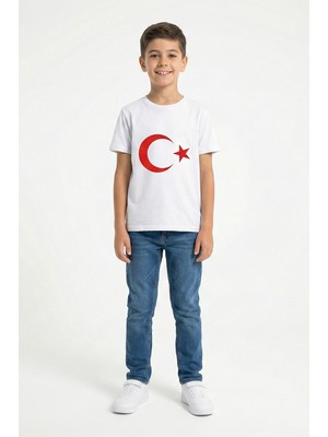 Kinderos Unisex Çocuk Bisiklet Yaka Türk Bayrak Baskılı Kısa Kollu Tişört