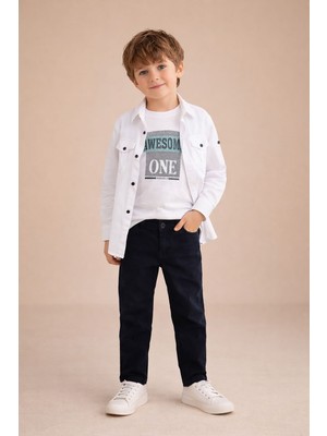 Cansın Mini Lacivert Keten Pantolonlu Uzun Kol Gömlekli Erkek Çocuk 3lü Takım 23766