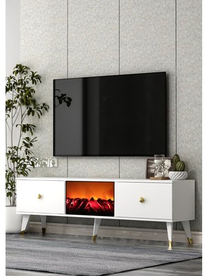 Cantek Dizayn TV0052-0052-TXA150-1 Şömineli Tv Sehpası Beyaz-Altın