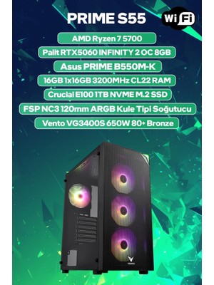 Game Garaj Prime S55 Amd R7 5700 16GB Ram 1tb SSD RTX5060 Freedos Oyuncu Oem Paket