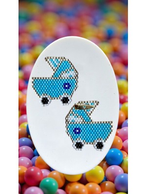 Seard Miyuki Boncuk El Yapımı Mavi Bebek Arabası Broş - Yaka Iğnesi 1