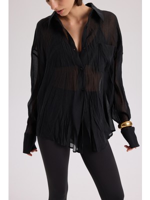 Mai Darya Kırışık Detay Siyah Gömlek