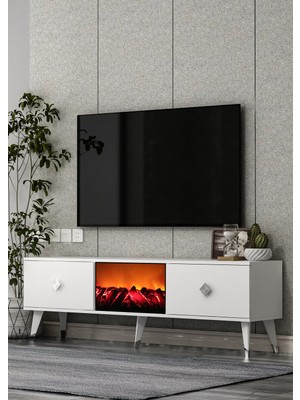Cantek Dizayn TV0053-0053-TXA150-1 Şömineli Tv Sehpası Beyaz-Gümüş