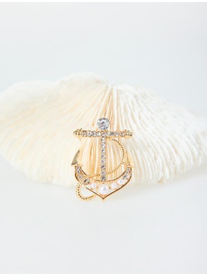 Jimmy Key Gümüş Rengi Çapa Figürlü Parlak Taşlı Broş