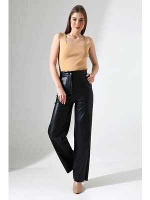 Win Moda Kadın Deri Pantolon Cepli /bol Paça Deri Pantolon /faux Leather Pants