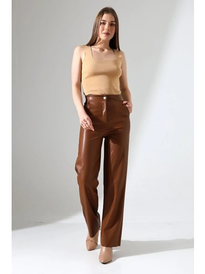 Win Moda Kadın Deri Pantolon Cepli /bol Paça Deri Pantolon /faux Leather Pants