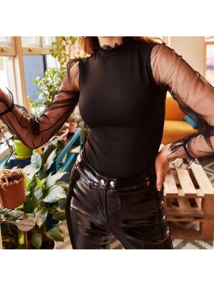 Gacha Kadın Kolları Tül Detaylı Örme Krep Kumaş Bluz