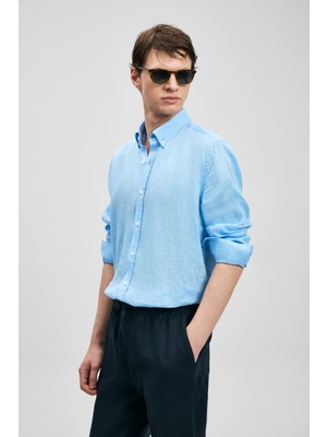 Lufian Erkek Mavi Comfort Fit Keten Gömlek Casual Stil Uzun Kollu Düz Desen