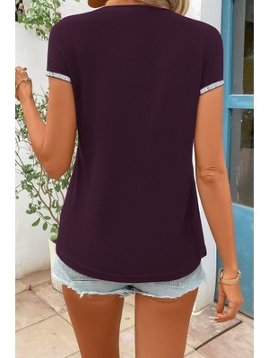 Jane's Janes Kadın Kısa Kollu Önden Fermuarlı Kol Ucu Işıltılı Viskon Bluz