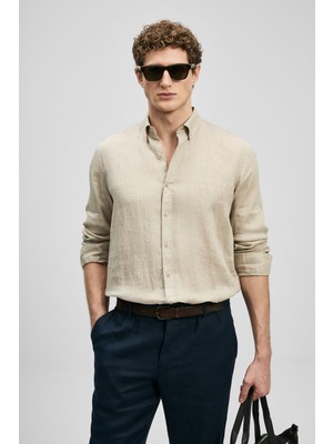 Lufian Erkek Bej Keten Gömlek Comfort Fit Casual Stil Uzun Kollu Cepsiz 11010654