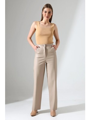 Win Moda Kadın Deri Pantolon Cepli /bol Paça Deri Pantolon /faux Leather Pants