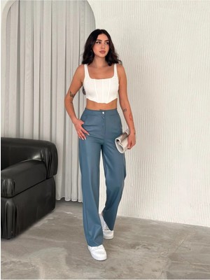 Win Moda Kadın Deri Pantolon Cepli /bol Paça Deri Pantolon /faux Leather Pants