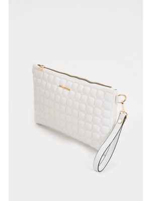 Sanmorris Kadın Suni Deri Beyaz Renkli Kapitone Desenli Portföy Clutch Çanta Business Koleksiyonu