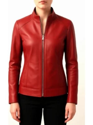 Aclassics Kadın Koyu Kırmızı Hakim Yaka Hakiki Deri Ceket