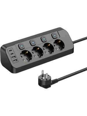 Smayling Akım Korumalı 4’lü Priz 3680W | 2 Usb-A + 2 Type-C | Bireysel Anahtarlı | Aşırı Yük & Isı Korumalı Çoklu Priz