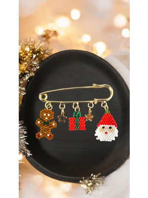 Seard Miyuki Boncuk El Yapımı Hediye Paketi Noel Baba Yılbaşı Christmas Iskoç Iğnesi / Yaka Iğnesi / Broş