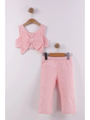 Queen Kids 0978KIZ Çocuk Pantolonlu Croplu Takım Pembe