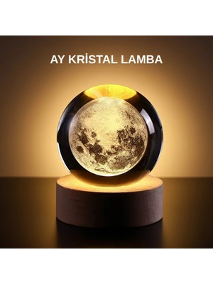 Belle Fusion Mey Ithalat® Ay Figürlü 3D Kristal Küre LED Gece Lambası Ahşap Standlı Dekoratif Lamba