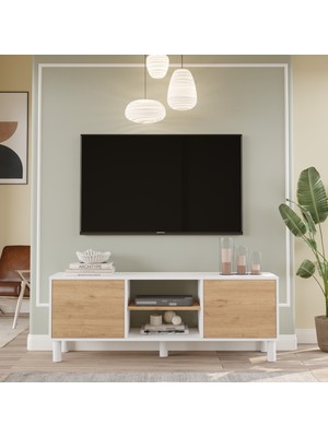 Yurupa Alessa Tv Ünitesi Sehpası 160CM Bohem Raflı Kapaklı Beyaz-Sepet Als1-Ws