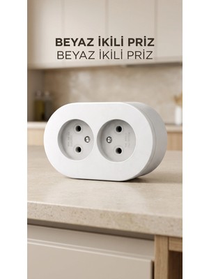 Beyaz Çift Girişli Topraklı Sıva Üstü Priz, Dekoratif Duvar Elektrik Ünitesi