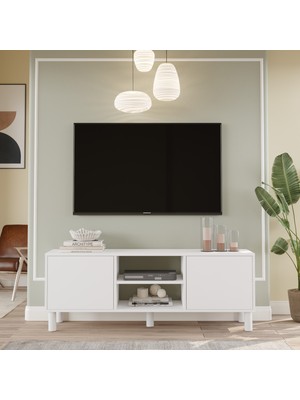 Yurupa Alessa Tv Ünitesi Sehpası 160CM Bohem Raflı Kapaklı Beyaz Als1-W