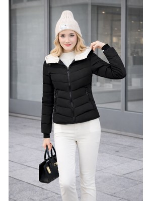 Barbora Kadın Kışlık Şişme Mont Siyah Düz Desenli Kapüşonlu Su İtici Özellik