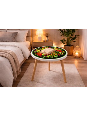 Boyut Modern Yuvarlak Orta Sehpa 42X42 cm – Dekoratif Baskılı, Ahşap Ayaklı