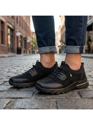 Çiğdem Kundura Palovit 061 - Hakiki Deri Lastik Bağcıklı Ortopedik Kadın Günlük Ayakkabı - Siyah - 41