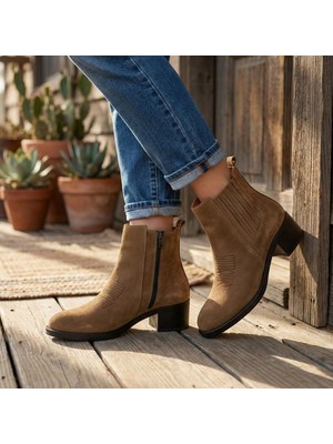 Çiğdem Kundura Dreskovar - Hakiki Deri Kadın Topuklu Bot - Taba - 37