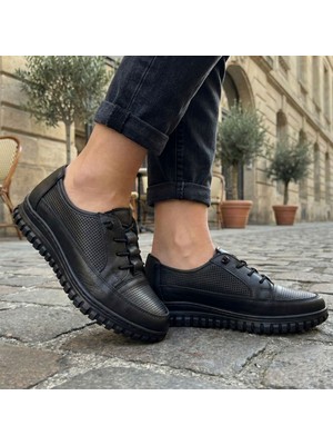 Voyager 9297 - Hakiki Deri Lastik Bağcıklı Ortopedik Kadın Ayakkabı - Siyah - 37