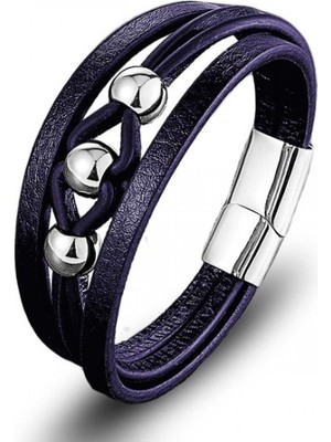Fm 💎 Premium Çelik Top Ve Lacivert Deri Bileklik 31834B8D3 - 21 cm