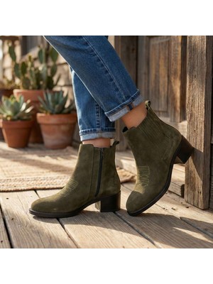 Çiğdem Kundura Dreskovar - Hakiki Deri Kadın Topuklu Bot - Yeşil - 40