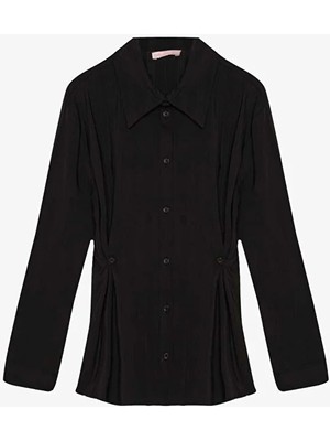 Quzu Şeritli Düğme Detaylı Bele Oturan Gömlek Siyah