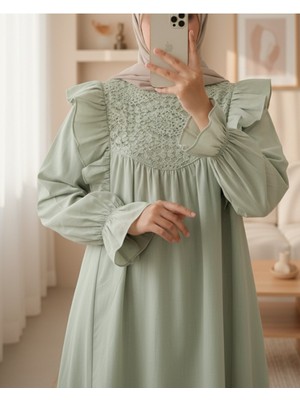 Modamorfo Omuz Fırfırlı Robası Dantel Işlemeli Poplin Tunik     -Su Yeşili