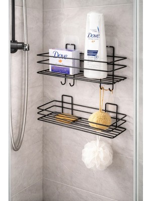 Atacı Home Paslanmaz 2'li Set Yapışkanlı 4 Kancalı Banyo Rafı Mat Siyah Banyo Şampuanlık Duşakabin Duş Askısı