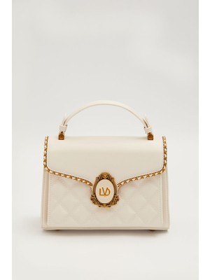 Lêvi D'or Kapitone Işlemeli Blazer Logo Detaylı Orta Boy Kadın Şık El ve Omuz Çantası Krem