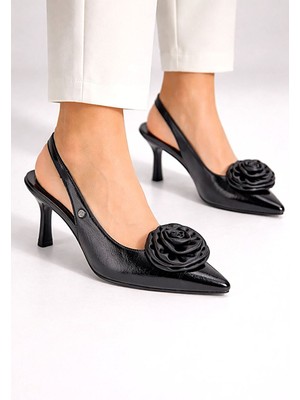 Gökhan Talay Rose Fairy Esnek Yumuşak Kaymaz Taban (4 Cm) Siyah Rugan El Yapımı Gül Detaylı Açık Lastikli Kadın Topuklu Ayakkabı