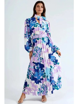 Hiccup Kadın Msn Soyut Desenli Choker Yaka Midi Elbise Mor