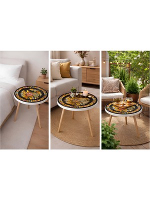 Boyut Doğal Ahşap Ayaklı, Renkli Desenli Modern Orta Sehpa (42X42 Cm)